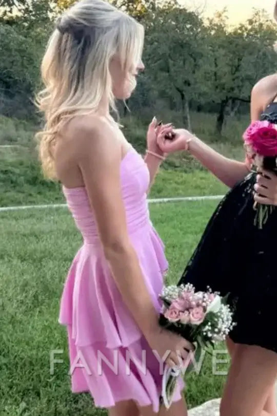 FannyWe Simple Pink A-Line Strapless Empire-Waist Layered Sleeveless Homecoming Dress formal wear dresses